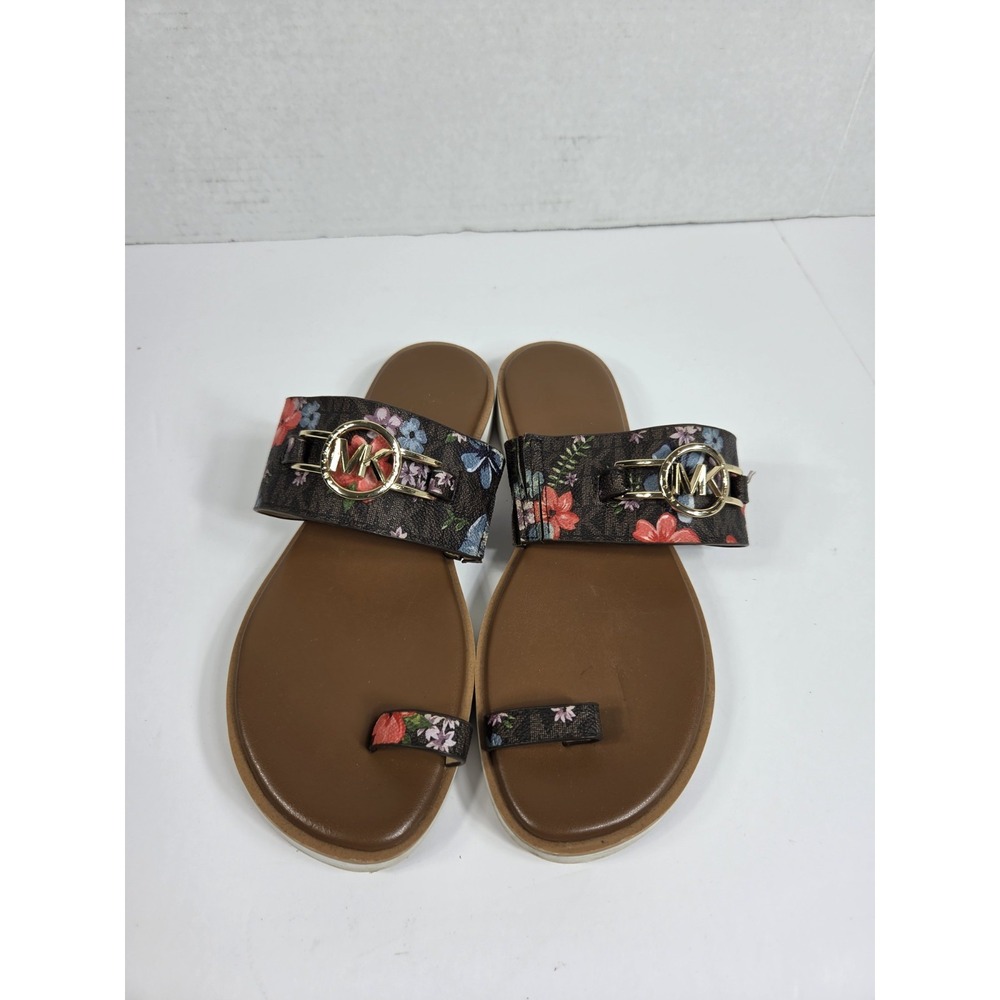 Michael KORS TRACEE BROWN MK GOLD LOGO TOE LOOP SANDALS Women 6.5